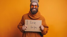 Happy Man Holding A Big  I Love You  Sign   Bright Image Illustrating Love Concept