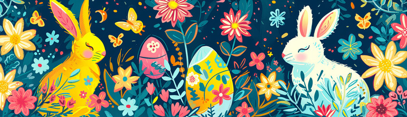 Wall Mural - Easter wallpaper pattern with Easter bunnies, flowers and eggs.