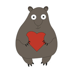 Wall Mural - Cartoon Weird Groundhog with red heart isolated white. Valentine's Day design in trendy minimalism style. Vector illustration can used t-shirt print, web and social media banner. EPS 10 Editable