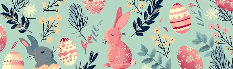 Wall Mural - Easter wallpaper pattern with Easter bunnies, flowers and eggs.