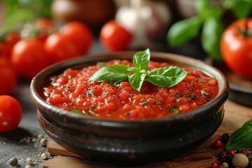 Homemade tomato sauce in bowl on wooden background. Delicious Italian sauce for pasta or pizza on kitchen table. Generated AI