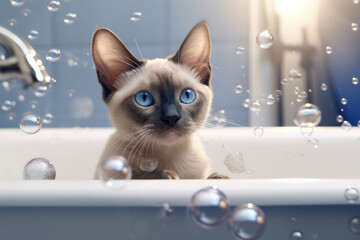 Wall Mural - Curious Fluffy White Kitten with Blue Eyes, Sitting in a Bathtub, Playful and Adorable, Surrounded by a Clean and Serene Bathroom Background