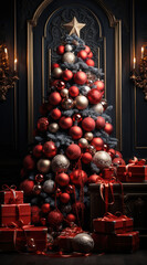Poster - Christmas Tree with Christmas and New Year Gift Boxes in the Room extreme closeup. Generative AI