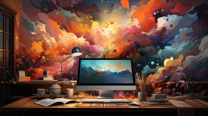 Leinwandbilder - Creativity Concept. Modern Computer with Multi Colored Background extreme closeup. Generative AI