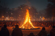 Happy Holika Dahan Concept. Huge Ritual Bonfire Ignite to Celebrate Holika Dahan Festival extreme closeup. Generative AI