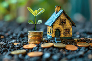Poster - Real Estate Concept. Small House Building with Money Coins extreme closeup. Generative AI