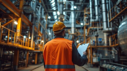 Wall Mural - Industrial engineer with clipboard controlling factory facility