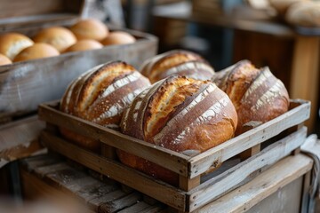 Wall Mural - freshly baked bread loaves in a vintage wooden crate.