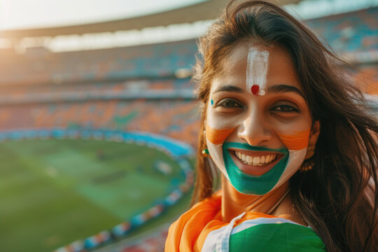 Happy beautiful Indian woman supporter with face painted in india flag colors, red and white, at a sports event
