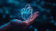 Hand holding virtual hologram heart shape with cardiogram 