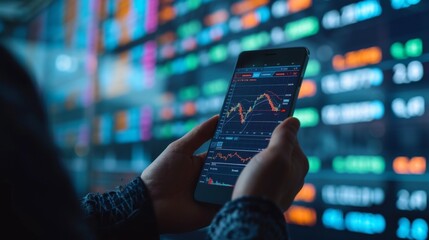 Crypto trader investor broker hand holding phone app executing financial stock trade market trading