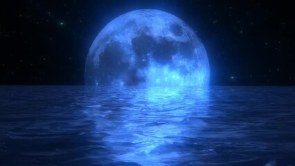Poster - Full and New moon phases on a starry sky and water waves bright neon rays, vibrant shine with neon glow around the moon. Screensaver for advertising and space for products. Full moon party background