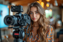 Portrait Of A Beautiful Smiling Female Videographer Or Blogger Standing Next To The Camera Extreme Closeup. Generative AI