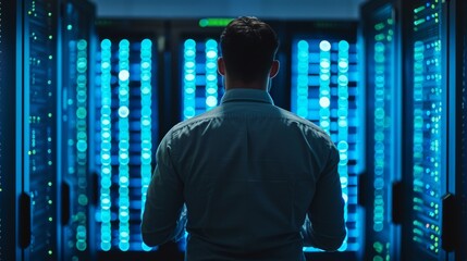 A person data center IT specialist checking cloud servers while working as system administrator for cyber security