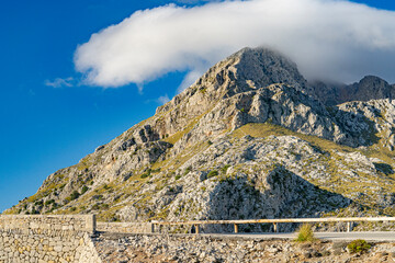 mountain, landscape, sky, rock, nature, mountains, clouds, cloud, peak, hill, travel, valley, alps, summer, view, stone, top, rocks, snow, panorama, alpine, blue, high, tree, hiking