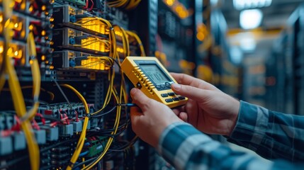 Wall Mural - A technician's hands holding a multimeter in a server room, Electronic control panel