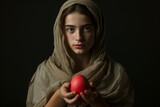 Fototapeta Mapy - Mary Magdalene is holding a red egg on a dark background. The young Mary Magdalene turned the egg red with the words Jesus is Risen by the power of faith. The Easter tradition of painting eggs
