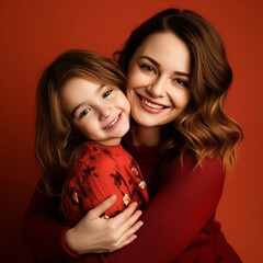 Happy mother and child in casual clothes standing on a red background. Smiling mother hugging her daughter. Closeup studio portrait of caucasian mom and her child smiling with shiny white teeth.