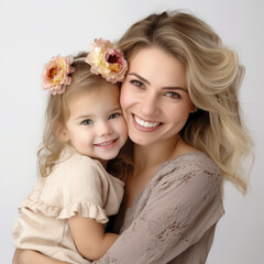 Happy mother and child in casual clothes standing on a white background. Smiling mother hugging her daughter. Closeup studio portrait of caucasian mom and her child smiling with shiny white teeth.