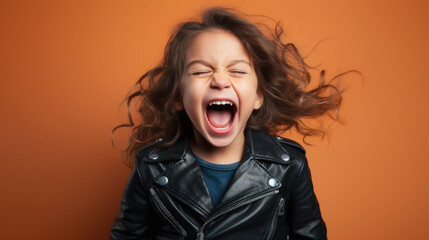 little cute girl in a black leather biker jacket screams on a color background in the studio, children, child, childhood, teenager, kid, schoolgirl, fashion, style, rock, space for text, rocker, rebel