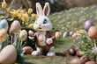 Easter Bunny collecting Easter eggs from magical plants. Generative AI.	