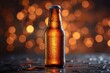 Close up view on a chilled beer bottle on bokeh background