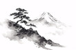 Chinese ink landscape painting ink pine trees, traditional Chinese style abstract mountain peaks towering pine trees poetic ink painting