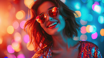 Wall Mural - beautiful young smiling woman wearing heart shaped glasses on shiny background, party, valentine's day, romance, fashion, love, style, girl, portrait, face, holiday, dancing, club, disco