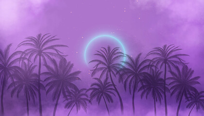 Wall Mural - silhouettes of tropical palm trees on a background of abstract background with neon glow.