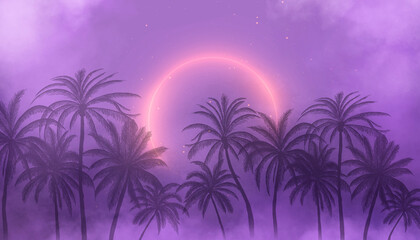 Wall Mural - Silhouettes of tropical palm trees on a background of abstract background with neon glow.