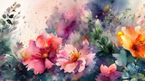 Fototapeta Kwiaty - Delicate, colorful water-color wallpaper with beautiful spring flowers. Illustration 4K