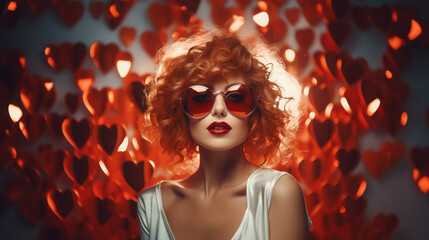 Wall Mural - beautiful young smiling woman wearing heart shaped glasses on shiny background, party, valentine's day, romance, fashion, love, style, girl, portrait, face, holiday, dancing, club, disco