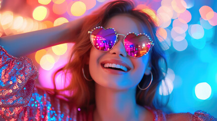 Wall Mural - beautiful young smiling woman wearing heart shaped glasses on shiny background, party, valentine's day, romance, fashion, love, style, girl, portrait, face, holiday, dancing, club, disco