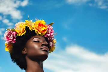 Poster - Portrait d'une femme noire avec des fleurs comme couronne d'influence afro-caribéenne pour un printemps fleuri