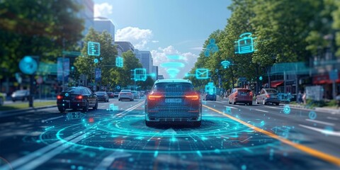 Aufkleber - Revolutionizing Urban Travel: Autonomous Cars Navigate Through a Digitally Connected Smart City Landscape, Generative AI