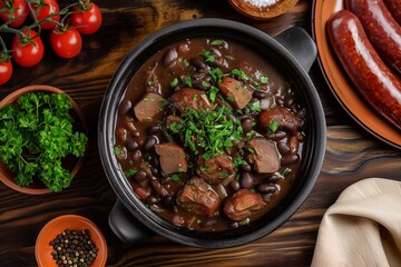 Wall Mural - Top view of traditional Brazilian dish feijoada in black clay bowl on a wooden table