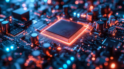 Poster - cutting-edge electronics and semiconductor chips: a detailed view of an illuminated printed circuit 