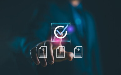 Poster - Client's service and guarantee check mark in business automation, Businessman with guarantee check for client service, business automation, quality management, online shopping, and financial ecosystem