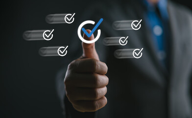 Poster - Quality management with Quality Assurance or QA and Quality Control or QC and improvement. Standardization and certification concept. Compliance to regulations and standards. Concept with manager.