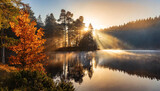 Fototapeta  - Jesienny, mglisty poranek nad jeziorem. Tapeta, dekoracja. Generative AI