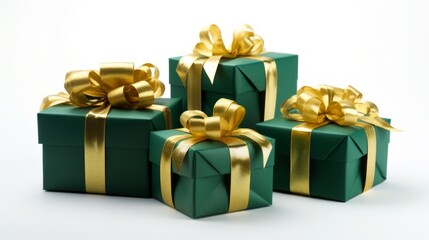 Poster - 5 green gifts wrapped with golden ribbon on a white isolated background Generative AI