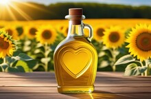 
A Bottle Of Sunflower Oil, In The Shape Of A Heart. Sunflower Field Background