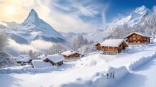 Winter Scene. Deep Snow Blankets Charming Chalets, Creating A Picturesque Village. 