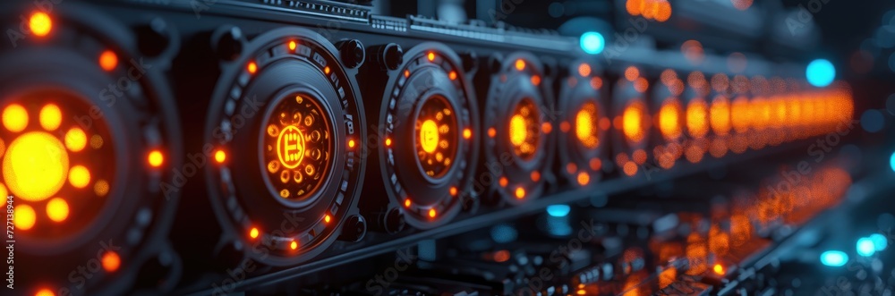 A close-up of a mining rig in a dark room, with LED lights flickering ...
