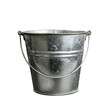 A weathered, galvanised metal bucket with a handle, on white.