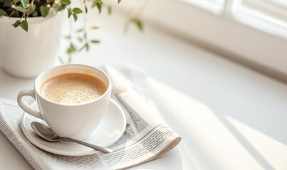 Wall Mural - Cup of coffee in white cup on table with white blanket. Coffee theme.