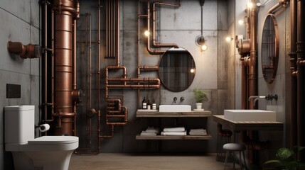 Poster - An industrial-style bathroom with exposed pipes, concrete walls, and Edison bulb lighting Generative AI