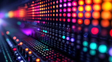 Poster - Audio equalizer board adorned with rows of luminous lights, reacting dynamically to the audio input, creating a lively and captivating display Generative AI