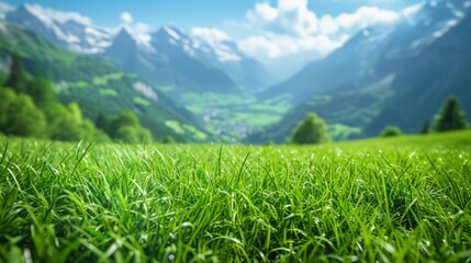 Aufkleber - Breathtaking Swiss mountain vista with close-up macro views of lush green meadows and detailed shots of swaying grass blades, highlighting the natural splendor of the alpine landscape Generative AI