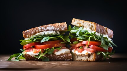 Poster - Close-up realistic photo featuring a vegetarian caprese sandwich on a white background Generative AI
